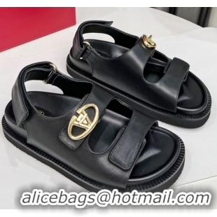 Best Grade Valentino VLogo Locker Flat Strap Sandals in Leather Black 2025 VLTN02254