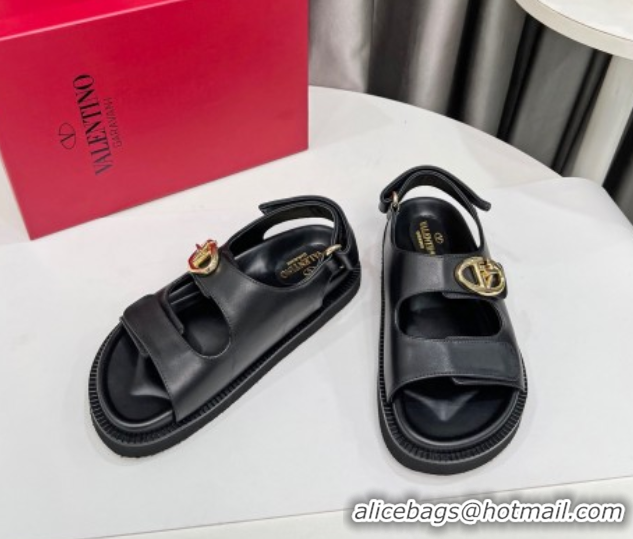 Best Grade Valentino VLogo Locker Flat Strap Sandals in Leather Black 2025 VLTN02254