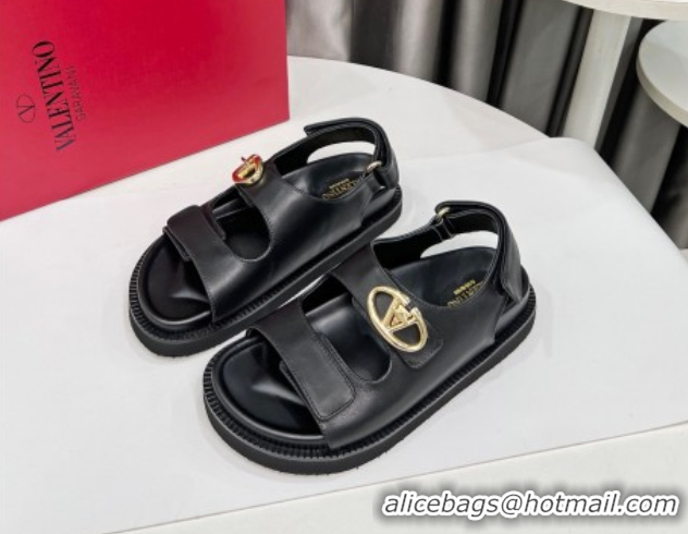Best Grade Valentino VLogo Locker Flat Strap Sandals in Leather Black 2025 VLTN02254