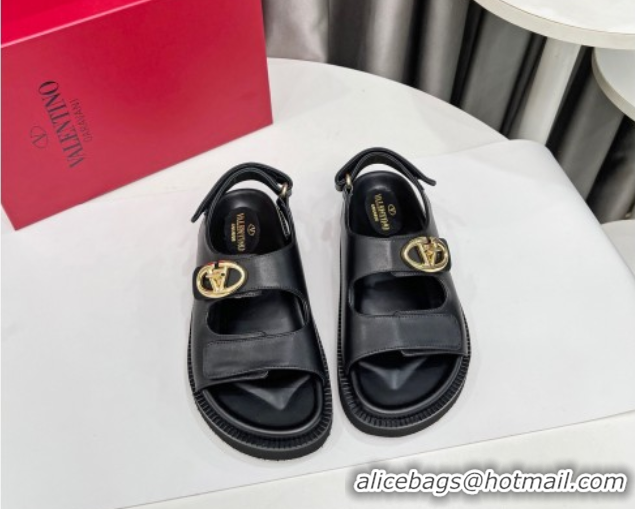 Best Grade Valentino VLogo Locker Flat Strap Sandals in Leather Black 2025 VLTN02254