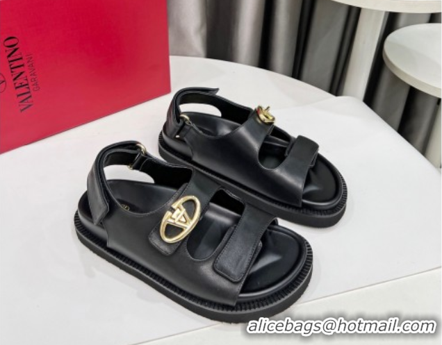 Best Grade Valentino VLogo Locker Flat Strap Sandals in Leather Black 2025 VLTN02254