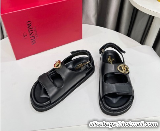 Best Grade Valentino VLogo Locker Flat Strap Sandals in Leather Black 2025 VLTN02254