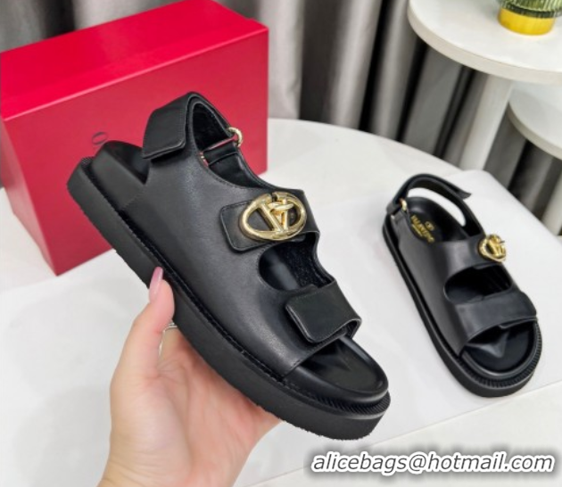 Best Grade Valentino VLogo Locker Flat Strap Sandals in Leather Black 2025 VLTN02254