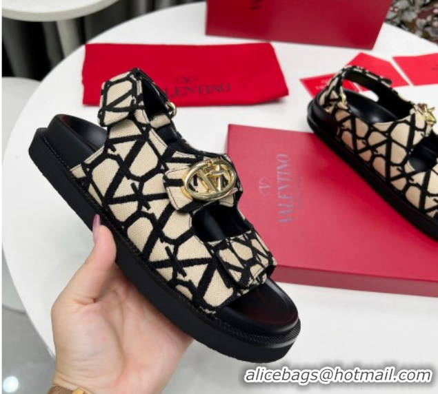 Good Quality Valentino VLogo Locker Flat Strap Sandals in Toile Iconographe Fabric Beige 2025 VLTN02254