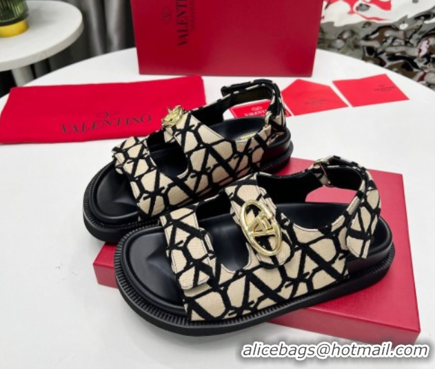 Good Quality Valentino VLogo Locker Flat Strap Sandals in Toile Iconographe Fabric Beige 2025 VLTN02254