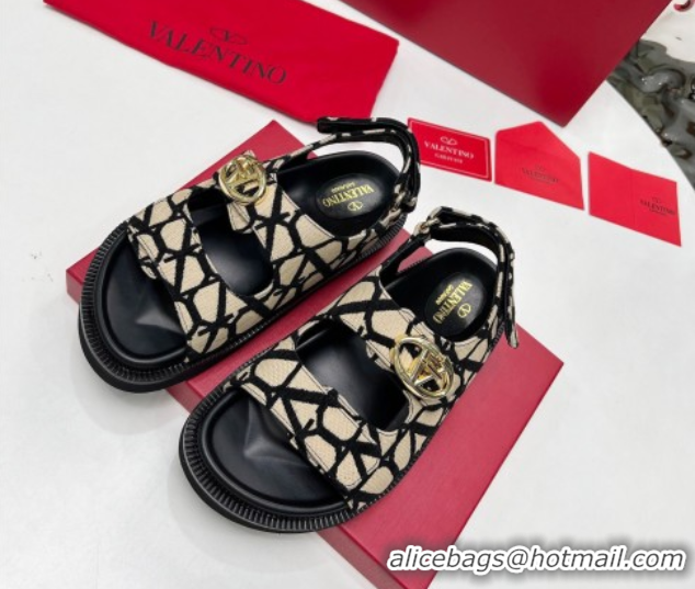 Good Quality Valentino VLogo Locker Flat Strap Sandals in Toile Iconographe Fabric Beige 2025 VLTN02254