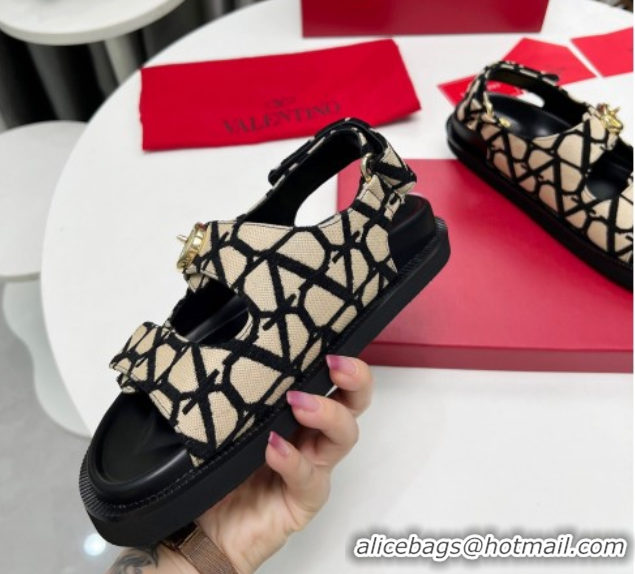 Good Quality Valentino VLogo Locker Flat Strap Sandals in Toile Iconographe Fabric Beige 2025 VLTN02254