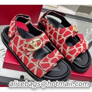 Purchase Valentino VLogo Locker Flat Strap Sandals in Toile Iconographe Fabric Red 2025 VLTN02254