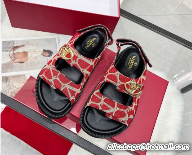 Purchase Valentino VLogo Locker Flat Strap Sandals in Toile Iconographe Fabric Red 2025 VLTN02254