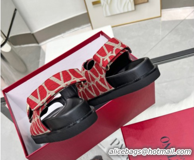 Purchase Valentino VLogo Locker Flat Strap Sandals in Toile Iconographe Fabric Red 2025 VLTN02254