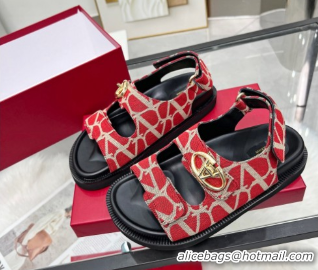 Purchase Valentino VLogo Locker Flat Strap Sandals in Toile Iconographe Fabric Red 2025 VLTN02254