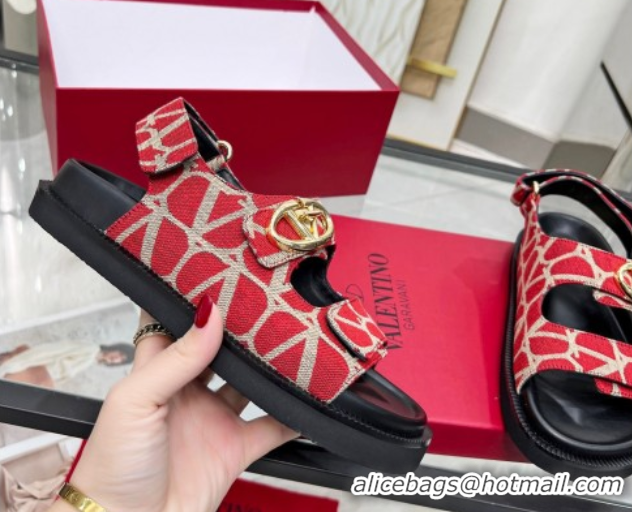 Purchase Valentino VLogo Locker Flat Strap Sandals in Toile Iconographe Fabric Red 2025 VLTN02254