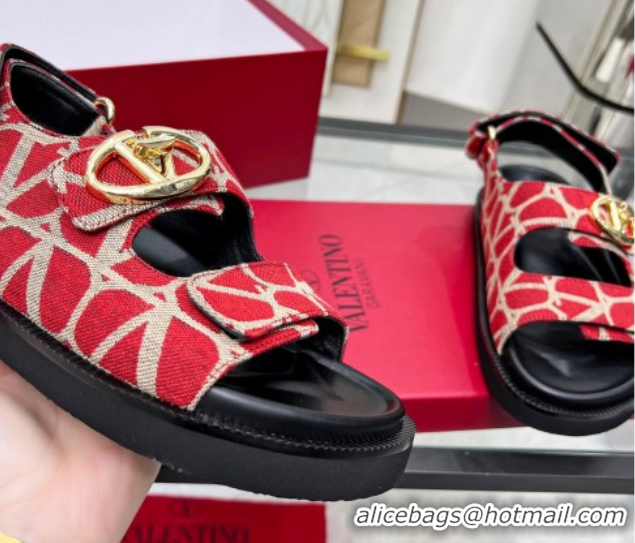 Purchase Valentino VLogo Locker Flat Strap Sandals in Toile Iconographe Fabric Red 2025 VLTN02254