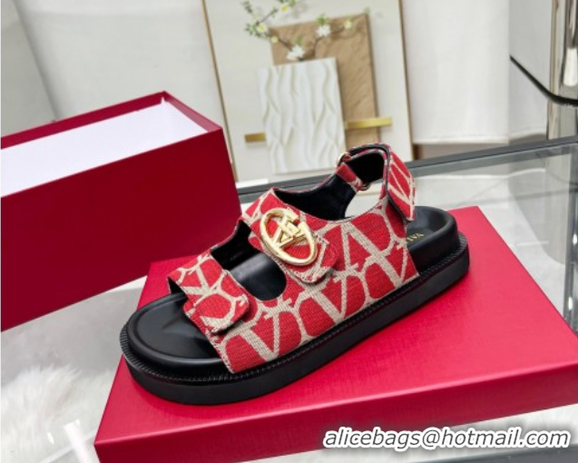 Purchase Valentino VLogo Locker Flat Strap Sandals in Toile Iconographe Fabric Red 2025 VLTN02254
