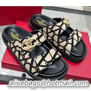 Grade Quality Valentino VLogo Locker Flat Strap Slides Sandal in Toile Iconographe Fabric Beige 2025 VLTN02254