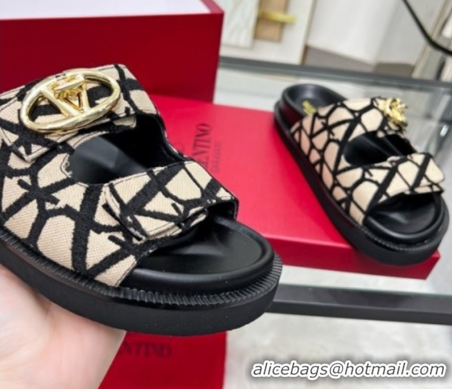 Grade Quality Valentino VLogo Locker Flat Strap Slides Sandal in Toile Iconographe Fabric Beige 2025 VLTN02254