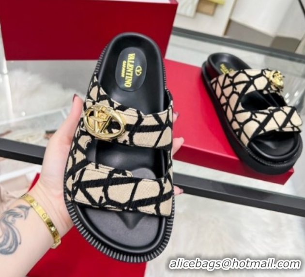 Grade Quality Valentino VLogo Locker Flat Strap Slides Sandal in Toile Iconographe Fabric Beige 2025 VLTN02254