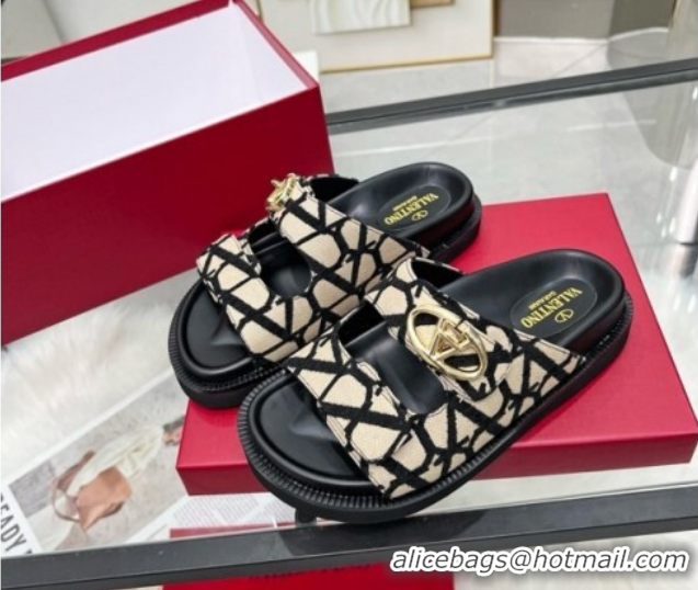 Grade Quality Valentino VLogo Locker Flat Strap Slides Sandal in Toile Iconographe Fabric Beige 2025 VLTN02254