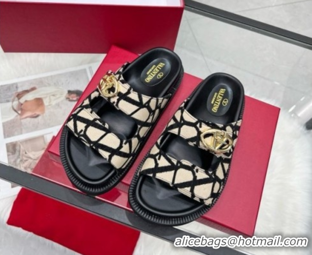 Grade Quality Valentino VLogo Locker Flat Strap Slides Sandal in Toile Iconographe Fabric Beige 2025 VLTN02254