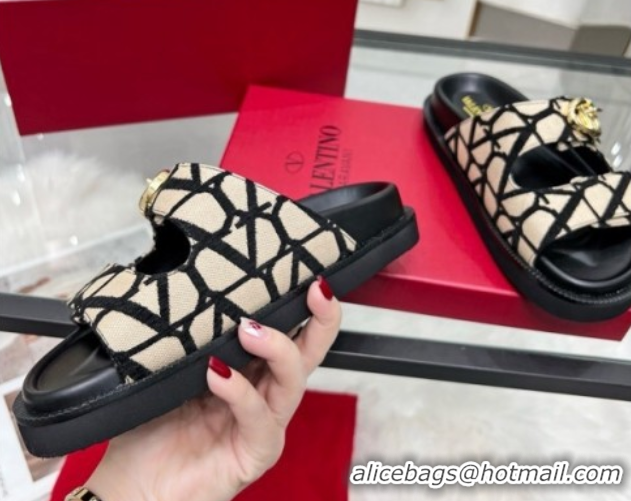Grade Quality Valentino VLogo Locker Flat Strap Slides Sandal in Toile Iconographe Fabric Beige 2025 VLTN02254