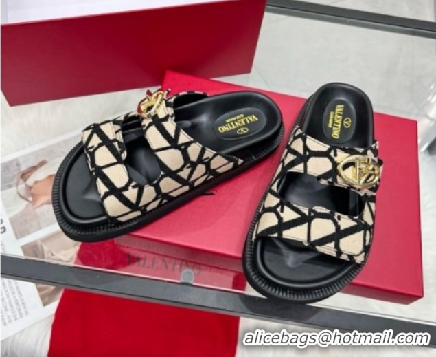 Grade Quality Valentino VLogo Locker Flat Strap Slides Sandal in Toile Iconographe Fabric Beige 2025 VLTN02254