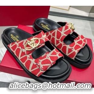 Most Popular Valentino VLogo Locker Flat Strap Slides Sandal in Toile Iconographe Fabric Red 2025 VLTN02254