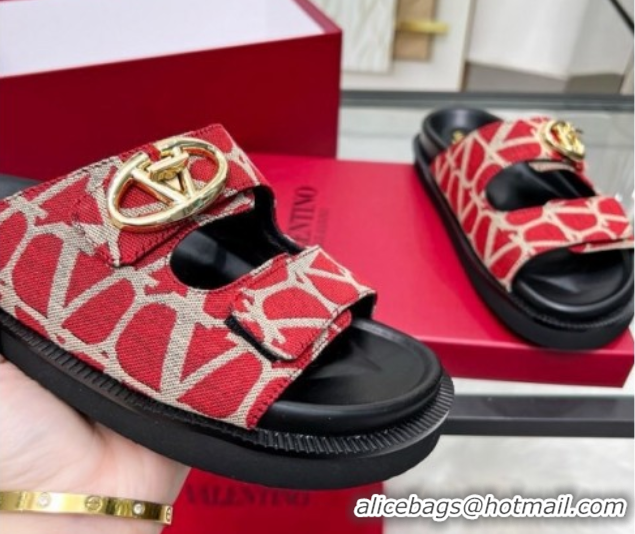 Most Popular Valentino VLogo Locker Flat Strap Slides Sandal in Toile Iconographe Fabric Red 2025 VLTN02254