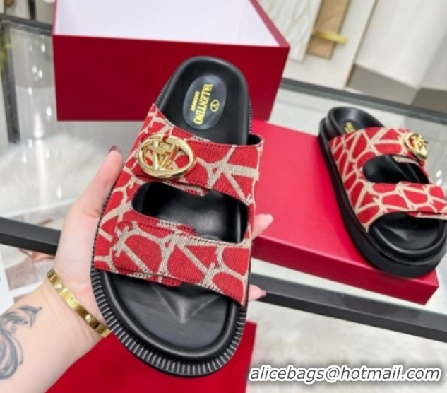Most Popular Valentino VLogo Locker Flat Strap Slides Sandal in Toile Iconographe Fabric Red 2025 VLTN02254