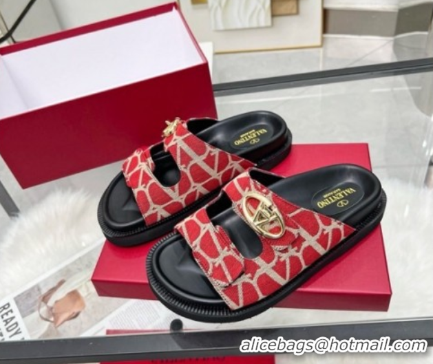 Most Popular Valentino VLogo Locker Flat Strap Slides Sandal in Toile Iconographe Fabric Red 2025 VLTN02254