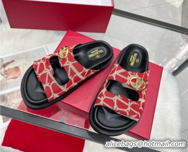Most Popular Valentino VLogo Locker Flat Strap Slides Sandal in Toile Iconographe Fabric Red 2025 VLTN02254