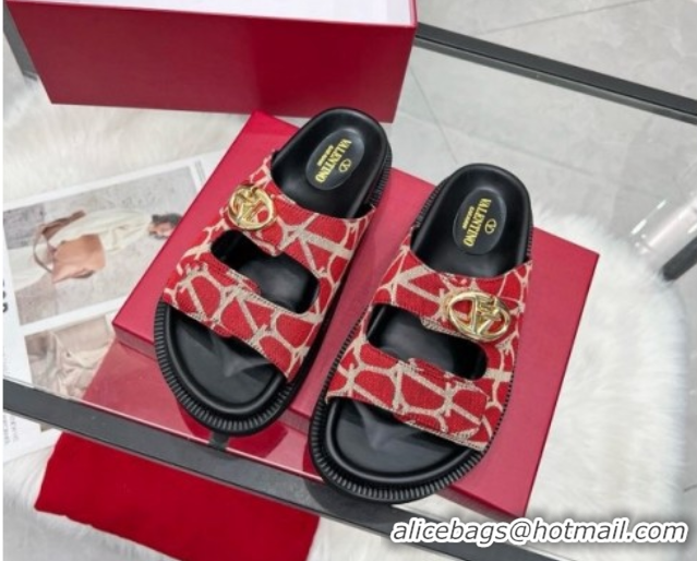 Most Popular Valentino VLogo Locker Flat Strap Slides Sandal in Toile Iconographe Fabric Red 2025 VLTN02254