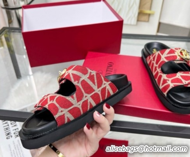 Most Popular Valentino VLogo Locker Flat Strap Slides Sandal in Toile Iconographe Fabric Red 2025 VLTN02254