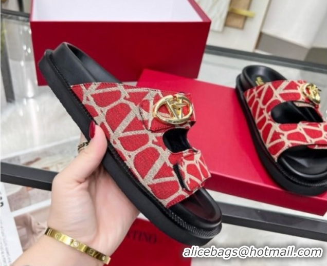 Most Popular Valentino VLogo Locker Flat Strap Slides Sandal in Toile Iconographe Fabric Red 2025 VLTN02254