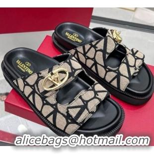 Luxurious Valentino VLogo Locker Flat Strap Slides Sandal in Toile Iconographe Fabric Grey 2025 VLTN02254