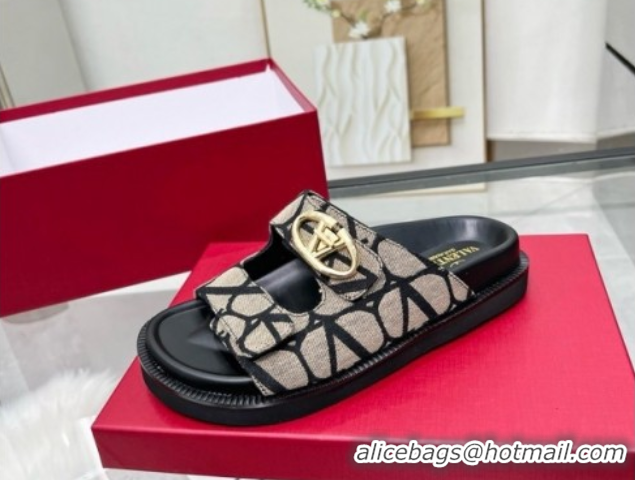 Luxurious Valentino VLogo Locker Flat Strap Slides Sandal in Toile Iconographe Fabric Grey 2025 VLTN02254