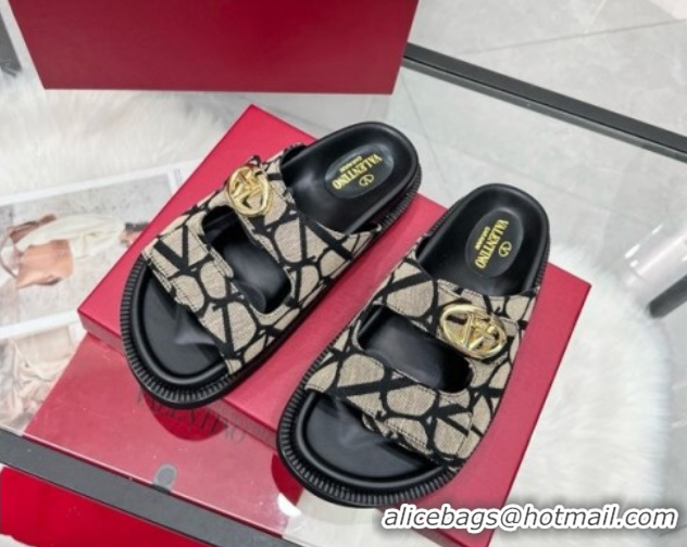 Luxurious Valentino VLogo Locker Flat Strap Slides Sandal in Toile Iconographe Fabric Grey 2025 VLTN02254