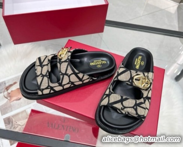 Luxurious Valentino VLogo Locker Flat Strap Slides Sandal in Toile Iconographe Fabric Grey 2025 VLTN02254