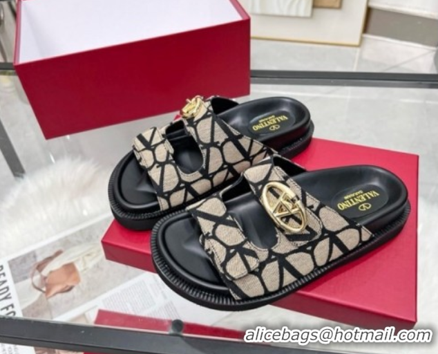 Luxurious Valentino VLogo Locker Flat Strap Slides Sandal in Toile Iconographe Fabric Grey 2025 VLTN02254