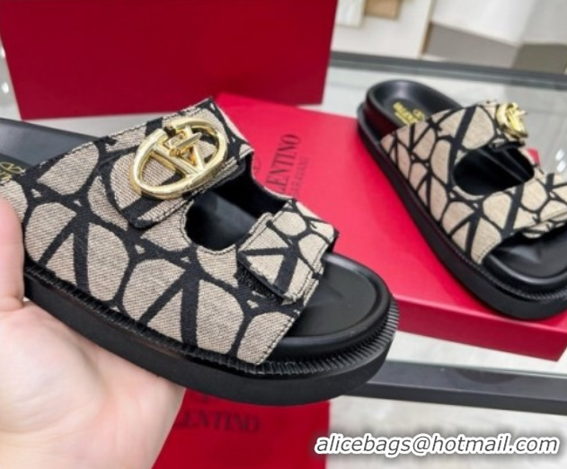 Luxurious Valentino VLogo Locker Flat Strap Slides Sandal in Toile Iconographe Fabric Grey 2025 VLTN02254