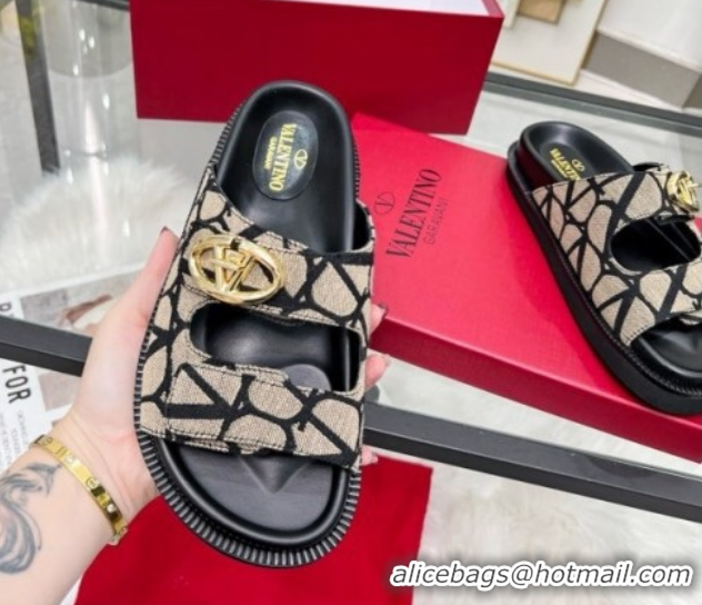 Luxurious Valentino VLogo Locker Flat Strap Slides Sandal in Toile Iconographe Fabric Grey 2025 VLTN02254