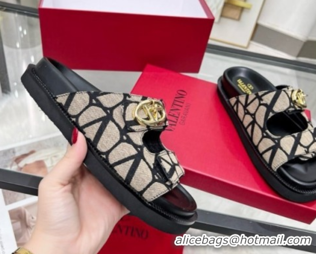 Luxurious Valentino VLogo Locker Flat Strap Slides Sandal in Toile Iconographe Fabric Grey 2025 VLTN02254