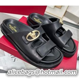 Pretty Style Valentino VLogo Locker Flat Strap Slides Sandal in Leather Black 2025 VLTN02254