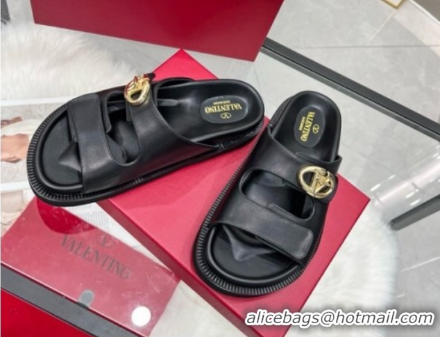 Pretty Style Valentino VLogo Locker Flat Strap Slides Sandal in Leather Black 2025 VLTN02254