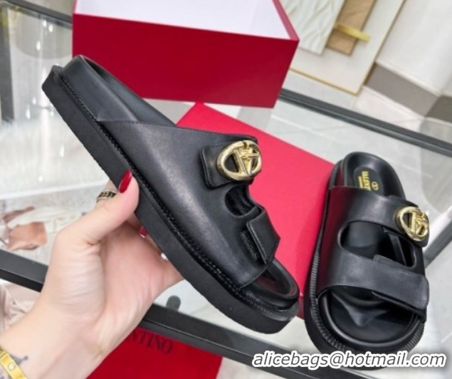 Pretty Style Valentino VLogo Locker Flat Strap Slides Sandal in Leather Black 2025 VLTN02254