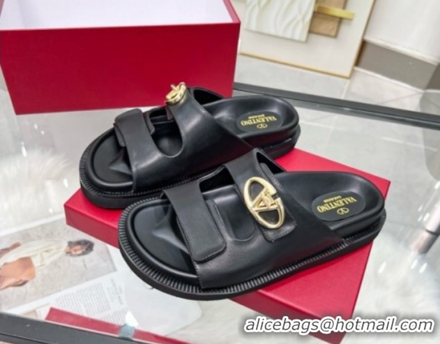 Pretty Style Valentino VLogo Locker Flat Strap Slides Sandal in Leather Black 2025 VLTN02254