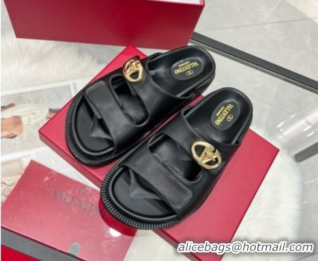 Pretty Style Valentino VLogo Locker Flat Strap Slides Sandal in Leather Black 2025 VLTN02254
