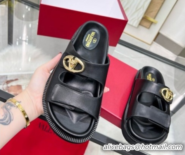 Pretty Style Valentino VLogo Locker Flat Strap Slides Sandal in Leather Black 2025 VLTN02254