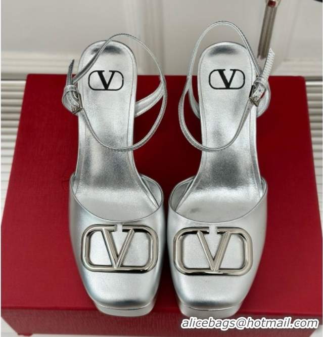 Classic Hot Valentino VLOGO Signature Platform Pump 115MM Nappa Leather Silver 5030509