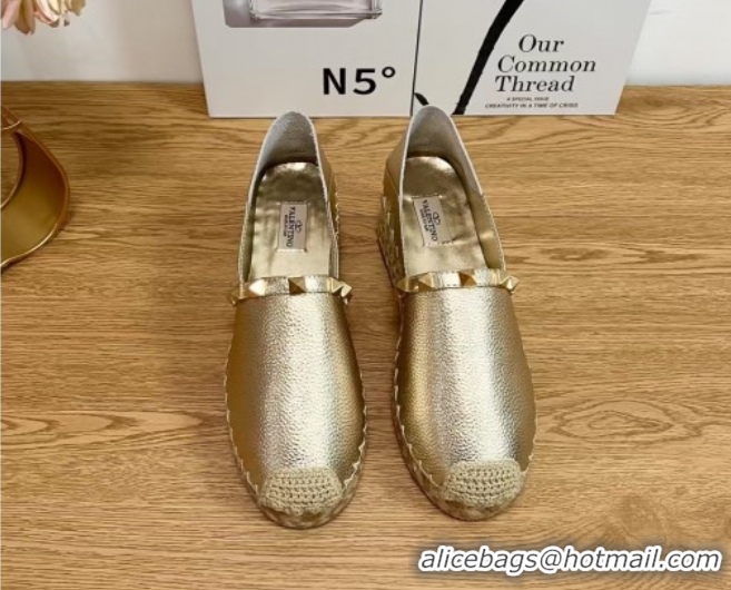 Good Quality Valentino Rockstud Platform Espadrilles 2cm in Grained Calfskin Gold 0426095