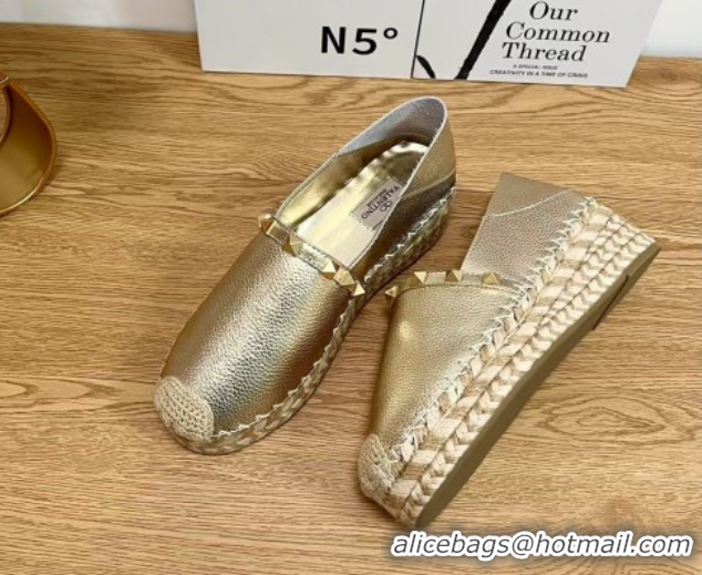 Good Quality Valentino Rockstud Platform Espadrilles 2cm in Grained Calfskin Gold 0426095